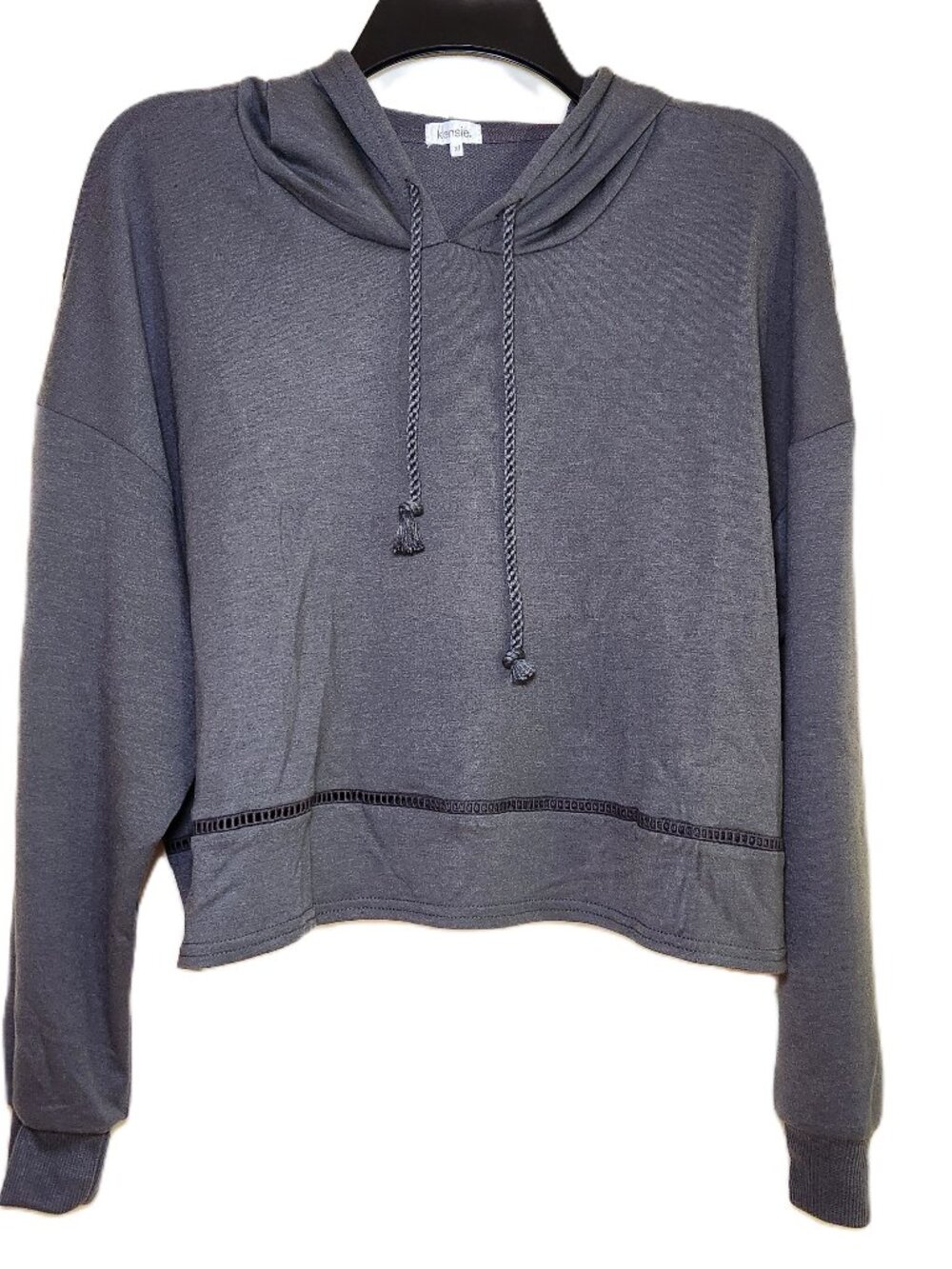 NWT Kensie Lattice Trim Pullover Crop Hoodie Vintage Black XL